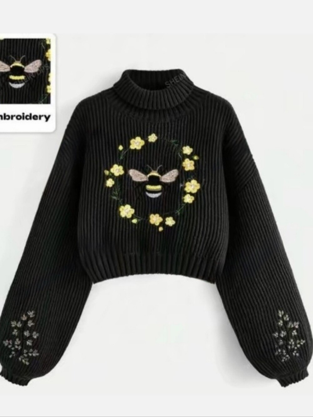 Fairycore Black Cropped Turtleneck Sweater with Bee & Floral Embroidery